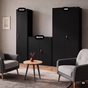 Szafa biurowa metalowa na akta, wąska, czarna, 450x1850x400 mm: ALEX
