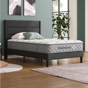 Łóżko młodzieżowe tapicerowane - 90 x 200 cm - ze stelażem + zagłówek - len - kolor szary (z materacem)