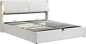 Łóżko z tapicerowanym zagłówkiem z ekoskóry - 180x200cm - z portem USB i LED - zagłówek z regulowanym kątem - Biały