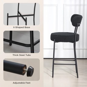 HOMCOM Zestaw 2 barstoli z tapicerowanym siedziskiem i podnóżkiem, pokryciem z polaru, ramą metalową, czarny