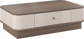 Stolik kawowy Vesper 103x60 cm z szufladą na cokole - kaszmir / orzech / złoty uchwyt