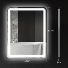 HOMCOM Lustro do Łazienki z Oświetleniem LED, Sterowanie Dotykowe, Anti-Beschlag, Regulowane, 3 Kolory Światła, 60 x 80, Srebrne