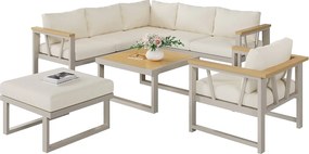 Salon ogrodowy, zestaw mebli na 7 osób, z żelaza ocynkowanego, tworzywo drewnopodobne, kanapa narożna, 1 fotel, 1 podnóżek i stolik kawowy, Beżowy