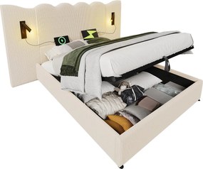Łóżko ze schowkiem 180 x 200 cm z dużym zagłówkiem - Lampka do czytania i gniazda USB + Type-C - Tkanina lniana i lite drewno - Kremowy (bez materaca)