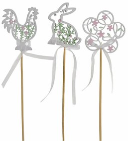 Zestaw drewnianych ozdób: królik, kura i kwiat, 3szt., wys. 30 cm