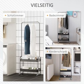 HOMCOM Metalowy wieszak na ubrania z półką na buty, na kółkach, wolnostojący, Czarny