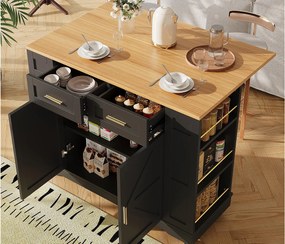 Mobilna wyspa kuchenna – rozsuwany blat – 2 szuflady i 2 drzwi – z otwartymi półkami – MDF – czarny + naturalny