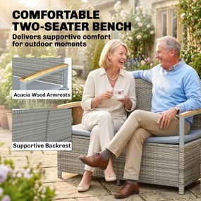 Outsunny Ławka Ogrodowa Rattan 170L 2-osobowa Ławka z Schowkiem Zdejmowana Poduszka Zamek Błyskawiczny Drewniane Podłokietniki | Aosom PL