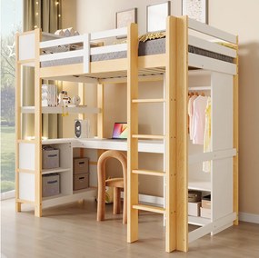 Łóżko piętrowe dla dzieci - 90 x 200 cm - z półkami + biurko + szafa - drewno - naturalne