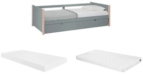 Łóżko wysuwane 2 x 90 x 190 - MDF, drewno sosnowe i metal - Zielony i naturalny + Materac - MAREKI