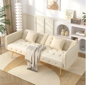 Sofa 2-osobowa rozkładana - 178 x 82 x 70 cm - z regulowanym oparciem i podłokietnikami - welur - beż