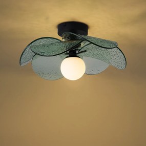 Designerska lampa sufitowa czarna z zielonym żebrowanym szkłem - Kemner