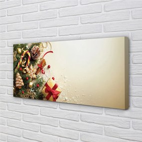 Obraz na płótnie Świąteczny Stół: Gałązki, Prezenty, Szyszki i Pierniki