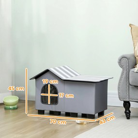 PawHut Domek dla kota wodoodporny budka z odpinanym dachem dwuspadowym izolacja termiczna platforma 70x43x45 cm materiał Oxford Szary | Aosom PL