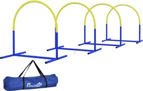 Zestaw Agility PawHut dla Psów, Trening dla Początkujących, 4 Łuki, z Torbą Transportową, Niebiesko-Żółty, 88 x 64 x 95 cm