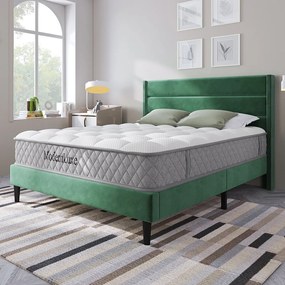 Łóżko tapicerowane dwuosobowe - 140 x 200 cm - z stelażem + zagłówek - len - kolor zielony (z materacem)