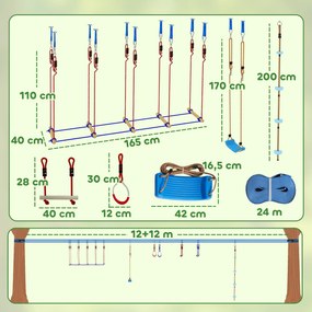 AIYAPLAY Ninja Line dla dzieci, zestaw 24 m Slackline z pierścieniami gimnastycznymi, 7 przeszkodami, mostem do balansowania, dla dzieci w wieku 3-6 lat, czerwony+niebieski | Aosom PL