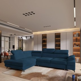 Masseno Narożnik FAVIEN z funkcją spania i pojemnikiem na pościel Narozniki L, Rozkładana sofa - Niebieski, MONOLITH 77