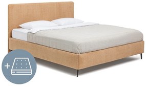 Musztardowe tapicerowane łóżko dwuosobowe z materacem i stelażem 160x200 cm Noira Slim – Bonami Selection
