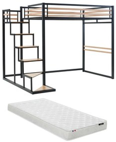 Łóżko antresola 140 × 200 cm – metal i MDF – kolor czarny i naturalny – z materacem w zestawie – JOGUI