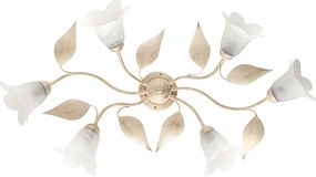 Olga – lampa sufitowa z lakierowanego żelaza w kolorze kości słoniowej, dekor stare złoto, klosze alabastrowe Ø14 cm, elegancki styl, 6 świateł