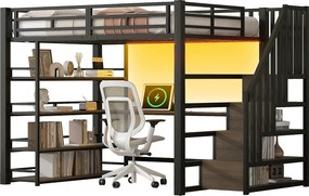 Łóżko piętrowe metalowe - 140 x 200 cm - z drabinką + biurko + półka + USB + diody LED - MDF + metal - czarne
