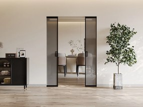 Drzwi przesuwne podwójne chowane w ścianie - aluminium i dymione szkło hartowane - 2 x wys. 205 x szer. 93 cm - LINCI II