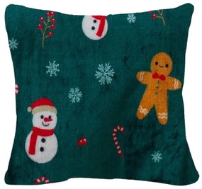 Poszewka z mikropluszu na poduszkę SNOWMAN AND GINGERBREAD 45x45 cm, zielona