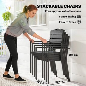 Outsunny Krzesła ogrodowe 4 szt. Sztaplowane krzesła tarasowe z lamelowym designem i podłokietnikami 52 x 51 x 90 cm Czarny | Aosom PL