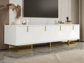 Szafa pod TV 160×38×44,5 cm - 4 drzwi - Złote uchwyty i nogi - Płyta wiórowa - Biały