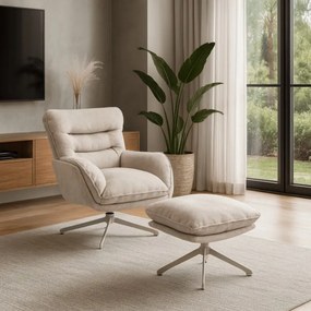 Fotel Wypoczynkowy Obrotowy PASADENA z Podnóżkiem Kremowy Nowoczesny