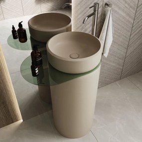 Umywalka z konglomeratu wolnostojąca okrągła z półką szklaną 85 x 40 cm RONA bez przelewu | Różne kolory półki : Kolor szkła - Zielony, Kolor umywalki RONA - Beż matowy, Półka - Szklana