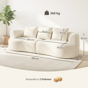 HOMCOM Sofa 3-osobowa, 260 cm sofa chenille z szerokim siedziskiem, sprężyny kieszeniowe, pianka o wysokiej gęstości, 3 poduszki, kremowa biel | Aosom PL