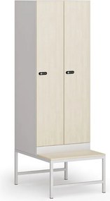 Szafka ubraniowa S1 z ławką, 2-drzwiowa, 1875 x 600 x 500/800 mm, demontaż, zamek mechaniczny z kodem, drzwi laminowane, brzoza