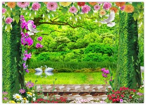 Obraz na szkle - Magiczny ogród z łabędziami (70x50 cm)