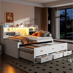 Rozkładana sofa - 90 x 200 cm + 90 x 190 cm - z diodami LED + 3 szuflady + stolik nocny + USB + Typ C - płyta wiórowa + MDF - biała