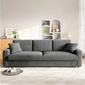 Duża sofa z welurem żebrowanym z 2 poduszkami - Szara - 256 x 89 x 88 cm