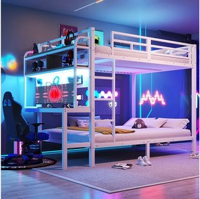 Łóżko piętrowe dla dzieci - 2 x 140 x 200 cm - rama żeliwna - z biurkiem + diody LED + port USB + półka - metalowe - białe