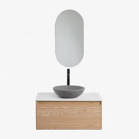 Zestaw Wiszących Mebli Łazienkowych Z Drewna Jesionowego Tedrik Popielaty Brąz & Okrągły Szary Cement Ø40 Cm Tarsis - Sklum