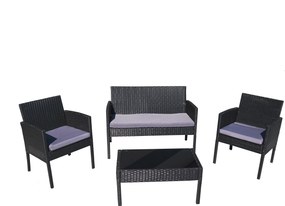 Meble Ogrodowe RIMNI Zestaw Sofa Fotel Stół na Taras Ogród TECHNORATTAN Czarny Szare Komfortowe Poduszki