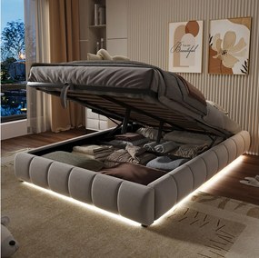 Łóżko ze schowkiem 140 x 200 cm - Łóżko dla dorosłych z oświetleniem LED i schowkiem - beżowa flanela - bez materaca