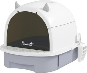 PawHut Kuweta z pokrywą kuweta dla kota z szufelką wysuwaną szufladą pedałem wejściowym dla kotów do 5 kg 40,5x52x39 cm Szara | Aosom PL