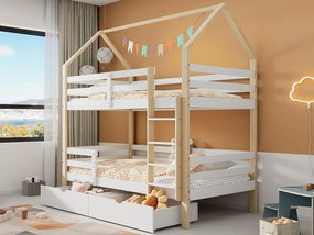 Łóżko piętrowe 90x200cm z drewna sosnowego - z 2 szufladami i drabinką - Białe