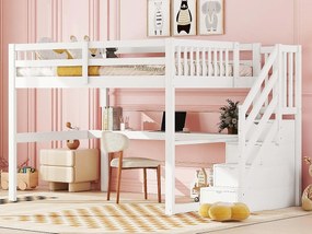 Łóżko mezzanine z drewna sosnowego - 140x200cm - z schodami do przechowywania i biurkiem - z stelażem na listwy - Białe