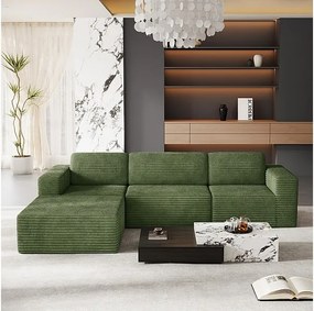Modułowa Sofa 3-osobowa z pufą - w Welurze Żebrowanym - narożnik odwracalny - Zielony - 303x202x82cm