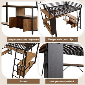 Łóżko piętrowe dla dzieci - 140 x 200 cm - rama żelazna - z diodami LED + biurko + półka + port USB - metalowe - czarne