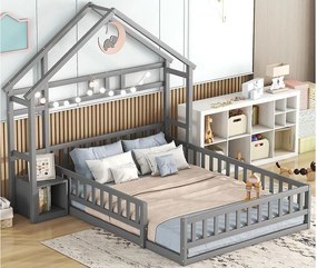 Łóżko domek dla dzieci 140x190 cm - Z barierkami - Stelaż listwowy - szary (bez materaca)
