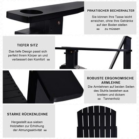 Outsunny Krzesło Leżak Ogrodowy Balkonowy z Uchwytem na Kubek Lite Drewno Czarne