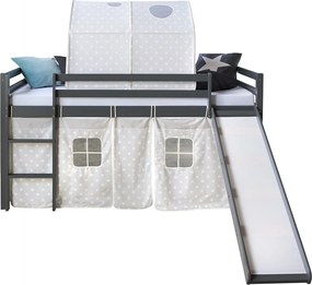 Łóżko dziecięce 90x200 cm Szary Zjeżdżalnia Tunel Lite drewno sosnowe Zasłona