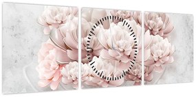 Obraz - Różowe kwiaty na ścianie (z zegarem) (90x30 cm)